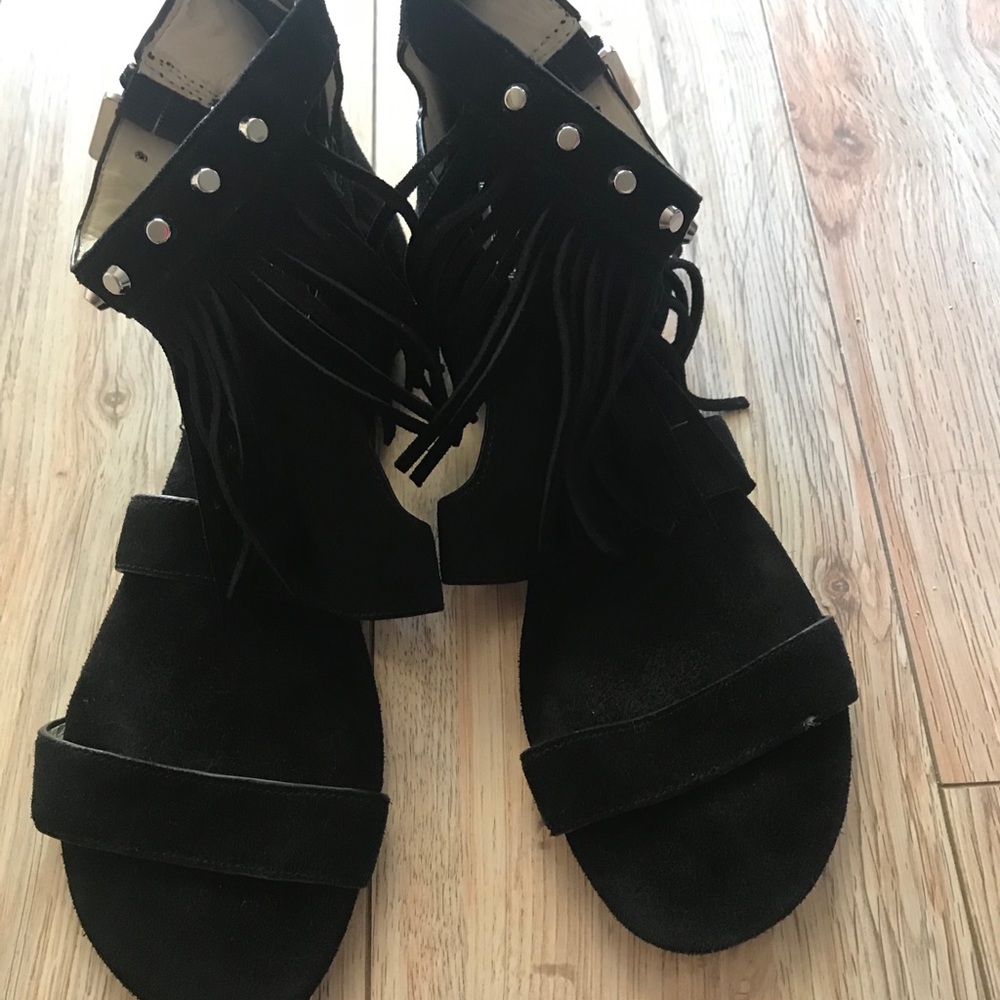 Michael Kors Black Suede Fringed Studed Sandals.